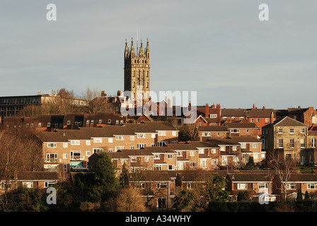 Warwick town centre including St. Mary`s Church seen from the racecourse, Warwickshire, England, UK Stock Photo